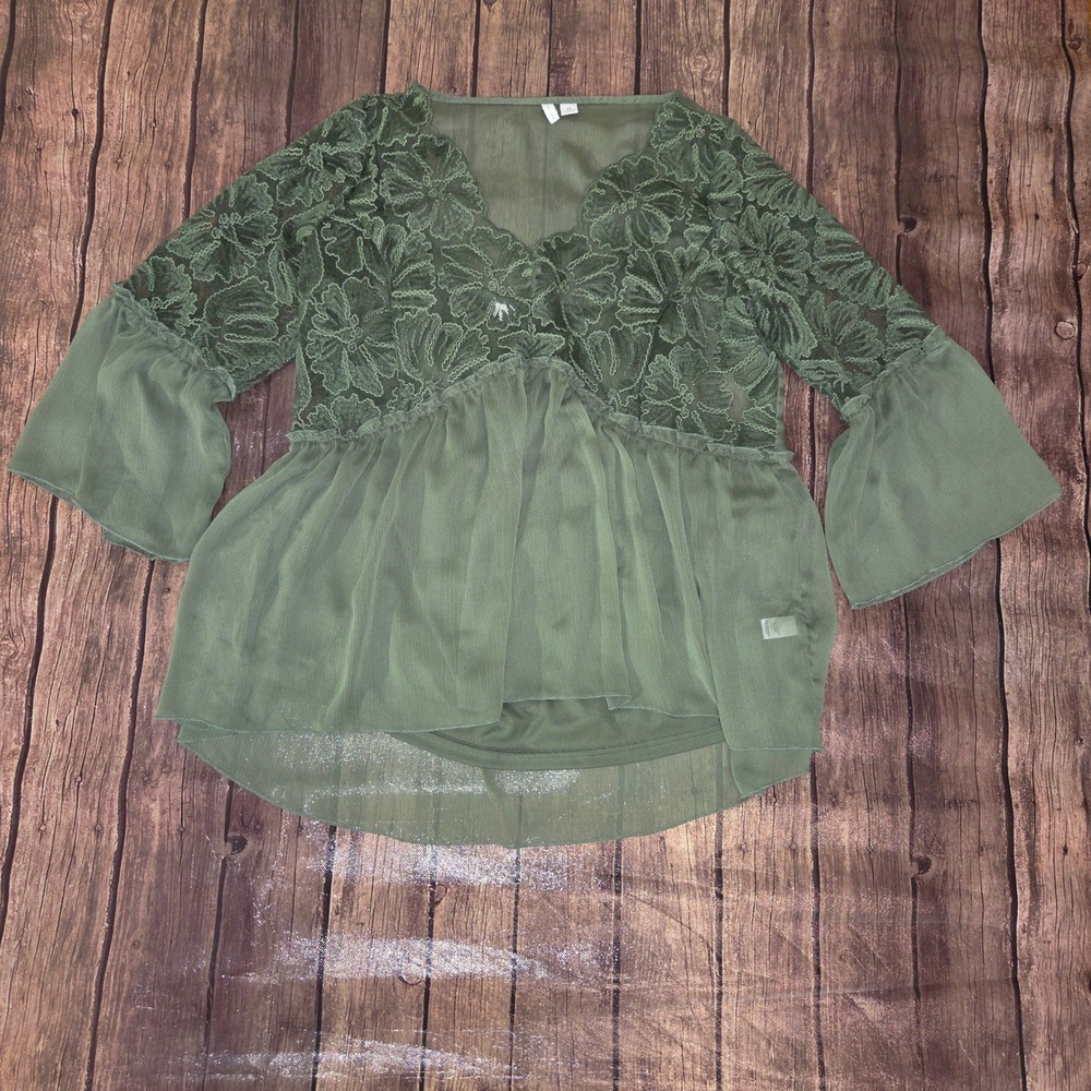 Cato‎ Womens Olive Green Lace Chiffon Bell Sleeve Babydoll Blouse Top Size M